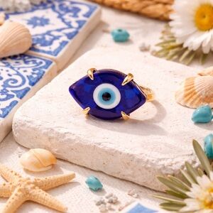Evil Eye Gold-Trim Blue Glass Statement Ring